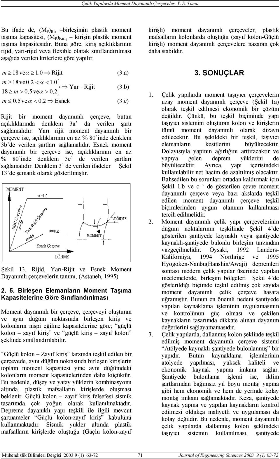 5 veα > 0.2 (3.b) m 0.5 veα < 0.2 Esnek (3.c) Rijit bir moment dayanımlı çerçeve, bütün açıklıklarında denklem 3a da verilen şartı sağlamalıdır.