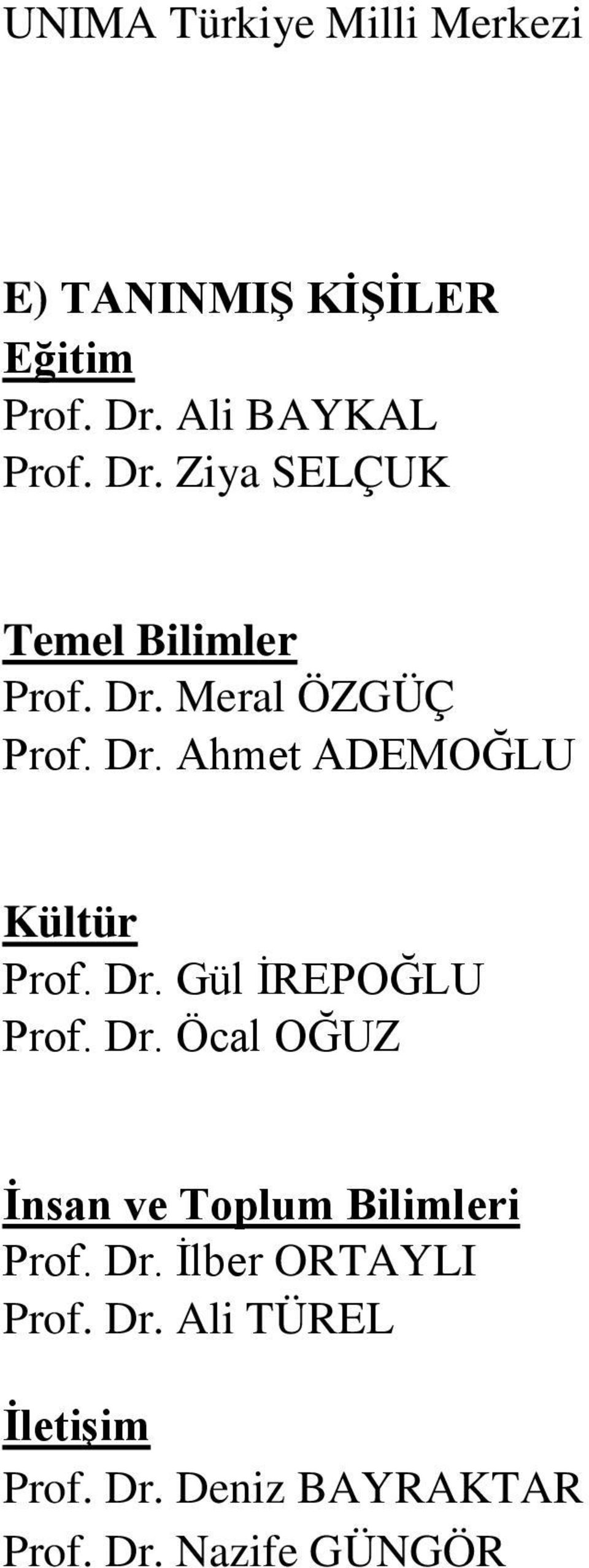 Dr. Öcal OĞUZ Ġnsan ve Toplum Bilimleri Prof. Dr. Ġlber ORTAYLI Prof. Dr. Ali TÜREL ĠletiĢim Prof.