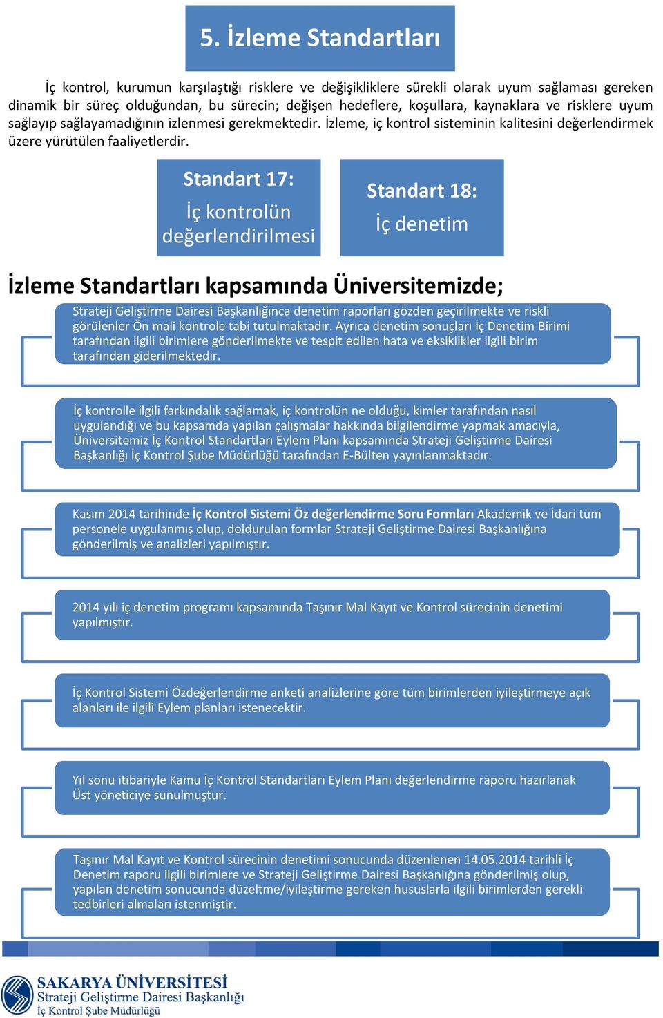 Standart 17: İç kontrolün değerlendirilmesi Standart 18: İç denetim İzleme Standartları kapsamında Üniversitemizde; Strateji Geliştirme Dairesi Başkanlığınca denetim raporları gözden geçirilmekte ve