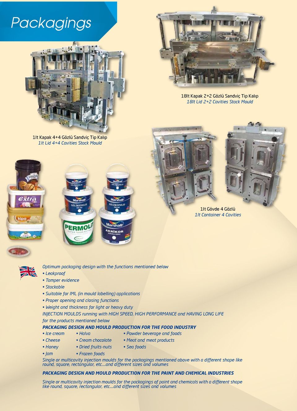 thickness for light or heavy duty INJECTION MOULDS running with HIGH SPEED, HIGH PERFORMANCE and HAVING LONG LIFE for the products mentioned below PACKAGING DESIGN AND MOULD PRODUCTION FOR THE FOOD