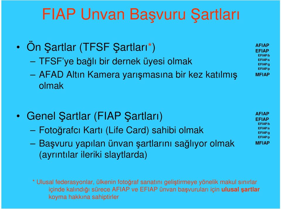 şartlarını sağlıyor olmak (ayrıntılar ileriki slaytlarda) AFIAP EFIAP EFIAP/b EFIAP/s EFIAP/g EFIAP/p MFIAP * Ulusal federasyonlar, ülkenin