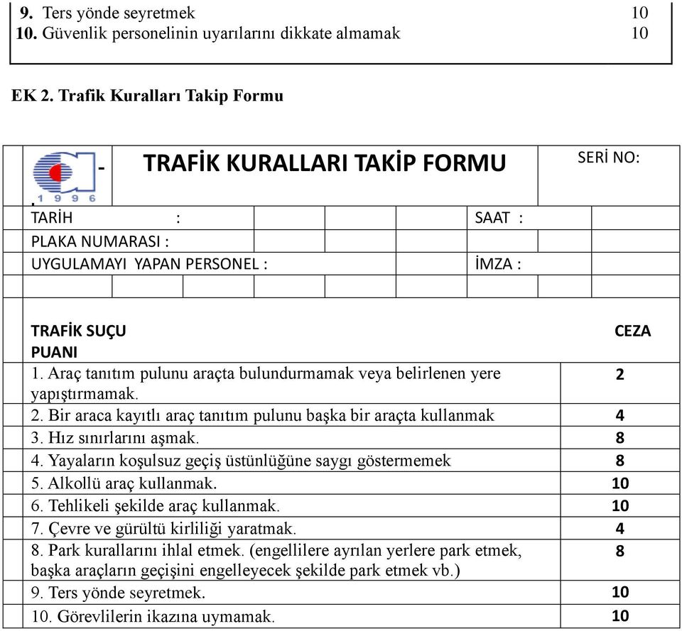 Araç tanıtım pulunu araçta bulundurmamak veya belirlenen yere 2 yapıştırmamak. 2. Bir araca kayıtlı araç tanıtım pulunu başka bir araçta kullanmak 4 3. Hız sınırlarını aşmak. 8 4.