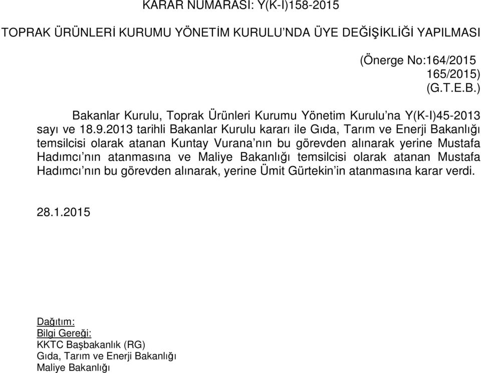 2013 tarihli Bakanlar Kurulu kararı ile Gıda, Tarım ve Enerji Bakanlığı temsilcisi olarak atanan Kuntay Vurana nın bu görevden alınarak