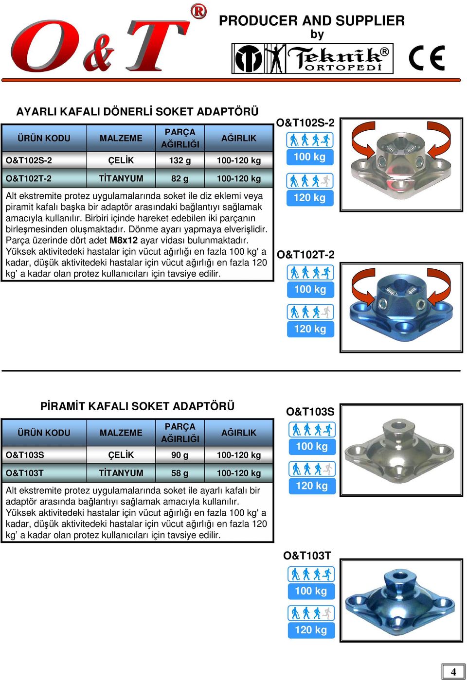 Yüksek aktivitedeki hastalar için vücut ağırlığı en fazla ' a kadar, düşük aktivitedeki hastalar için vücut ağırlığı en fazla 120 kg a kadar olan protez kullanıcıları için tavsiye edilir.