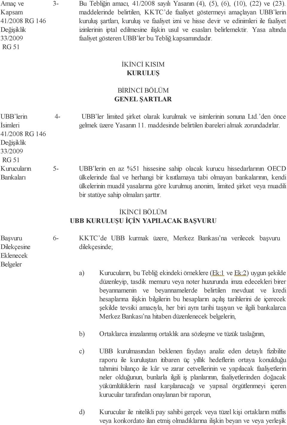 ve esasları belirlemektir. Yasa altında faaliyet gösteren UBB ler bu Tebliğ kapsamındadır.