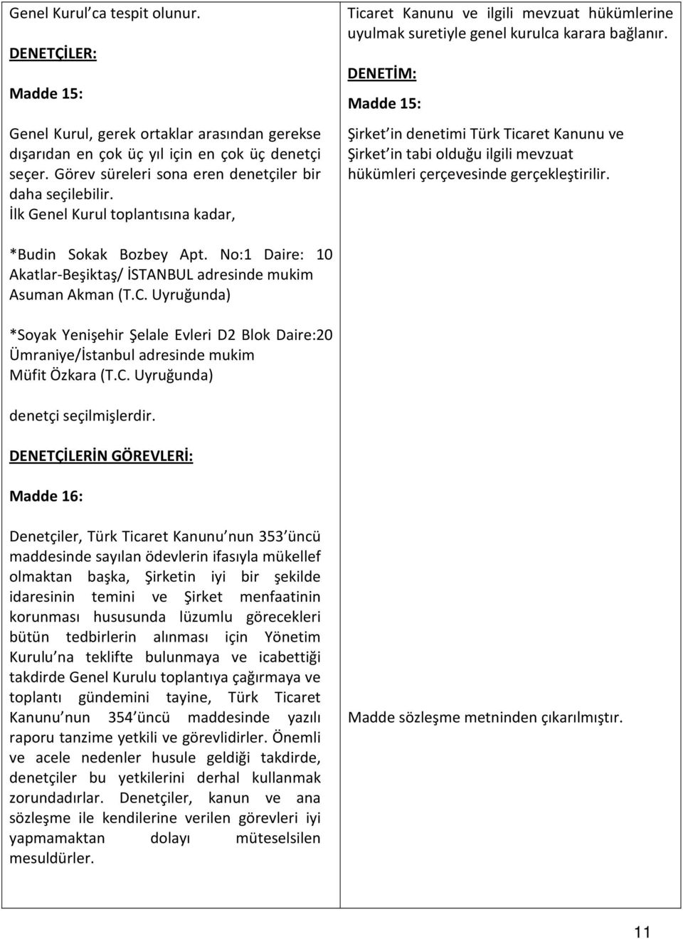 DENETİM: Madde 15: Şirket in denetimi Türk Ticaret Kanunu ve Şirket in tabi olduğu ilgili mevzuat hükümleri çerçevesinde gerçekleştirilir. *Budin Sokak Bozbey Apt.