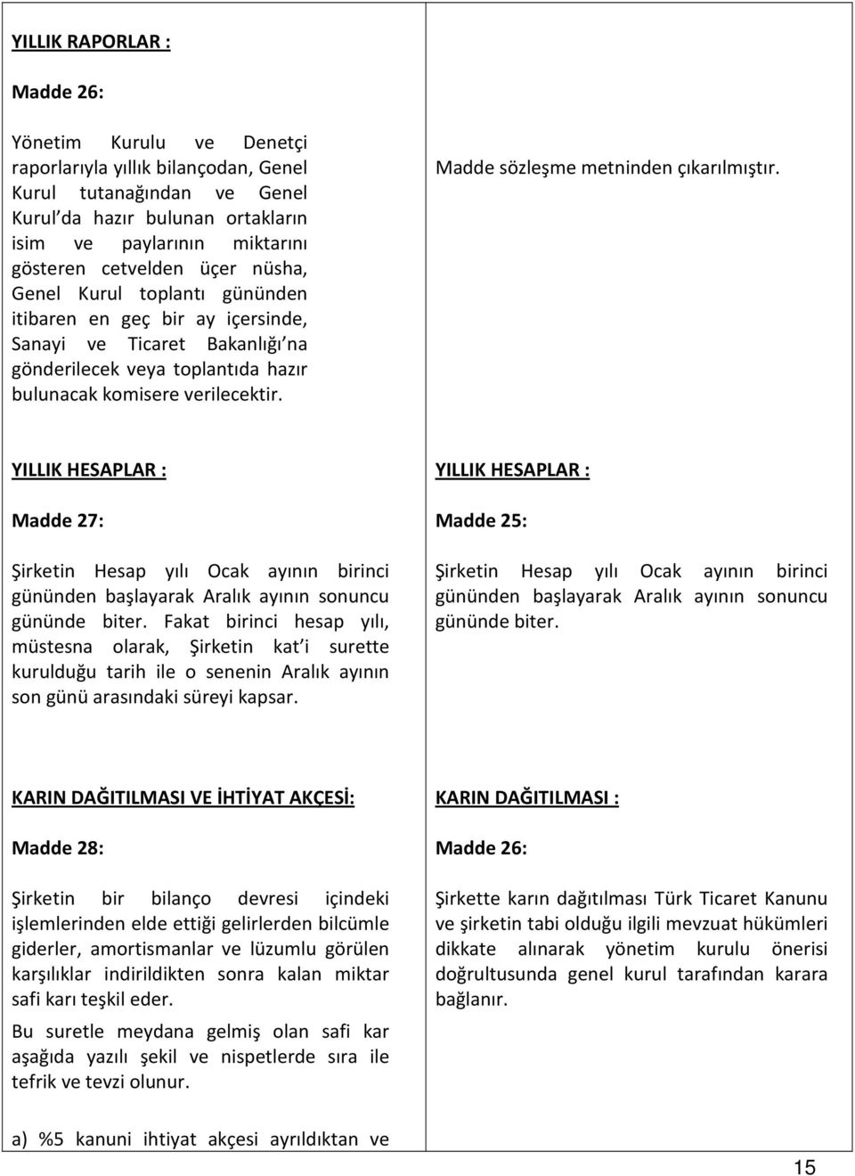 Madde sözleşme metninden çıkarılmıştır. YILLIK HESAPLAR : Madde 27: Şirketin Hesap yılı Ocak ayının birinci gününden başlayarak Aralık ayının sonuncu gününde biter.