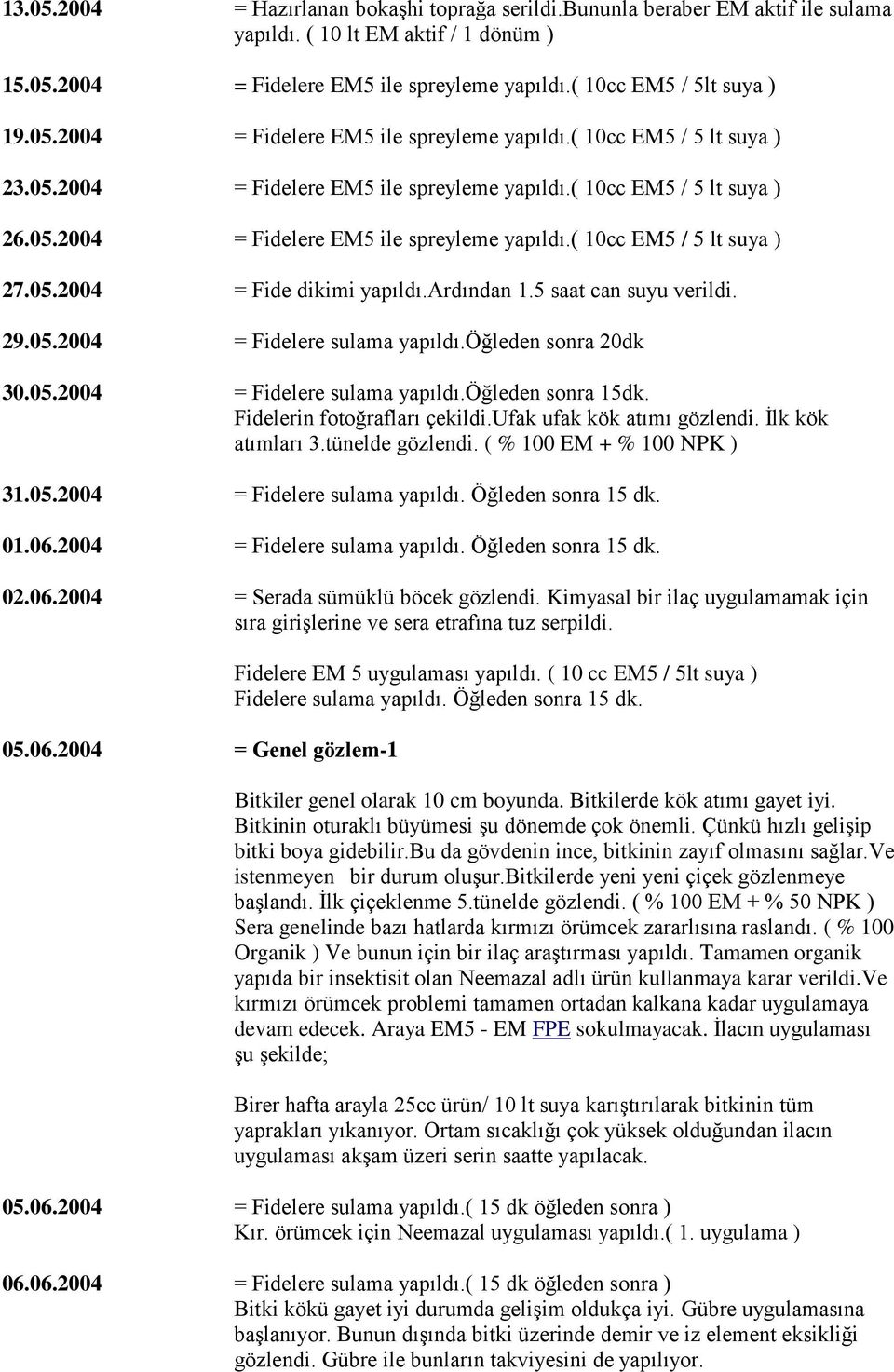 5 saat can suyu verildi. 29.05.2004 = Fidelere sulama yapıldı.öğleden sonra 20dk 30.05.2004 = Fidelere sulama yapıldı.öğleden sonra 15dk. Fidelerin fotoğrafları çekildi.ufak ufak kök atımı gözlendi.