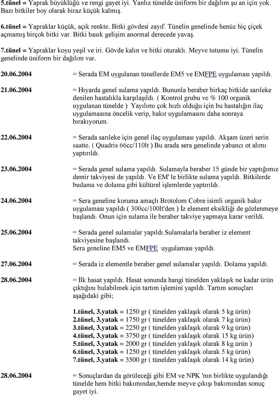 Meyve tutumu iyi. Tünelin genelinde üniform bir dağılım var. 20.06.2004 = Serada EM uygulanan tünellerde EM5 ve EMFPE uygulaması yapıldı. 21.06.2004 = Hıyarda genel sulama yapıldı.