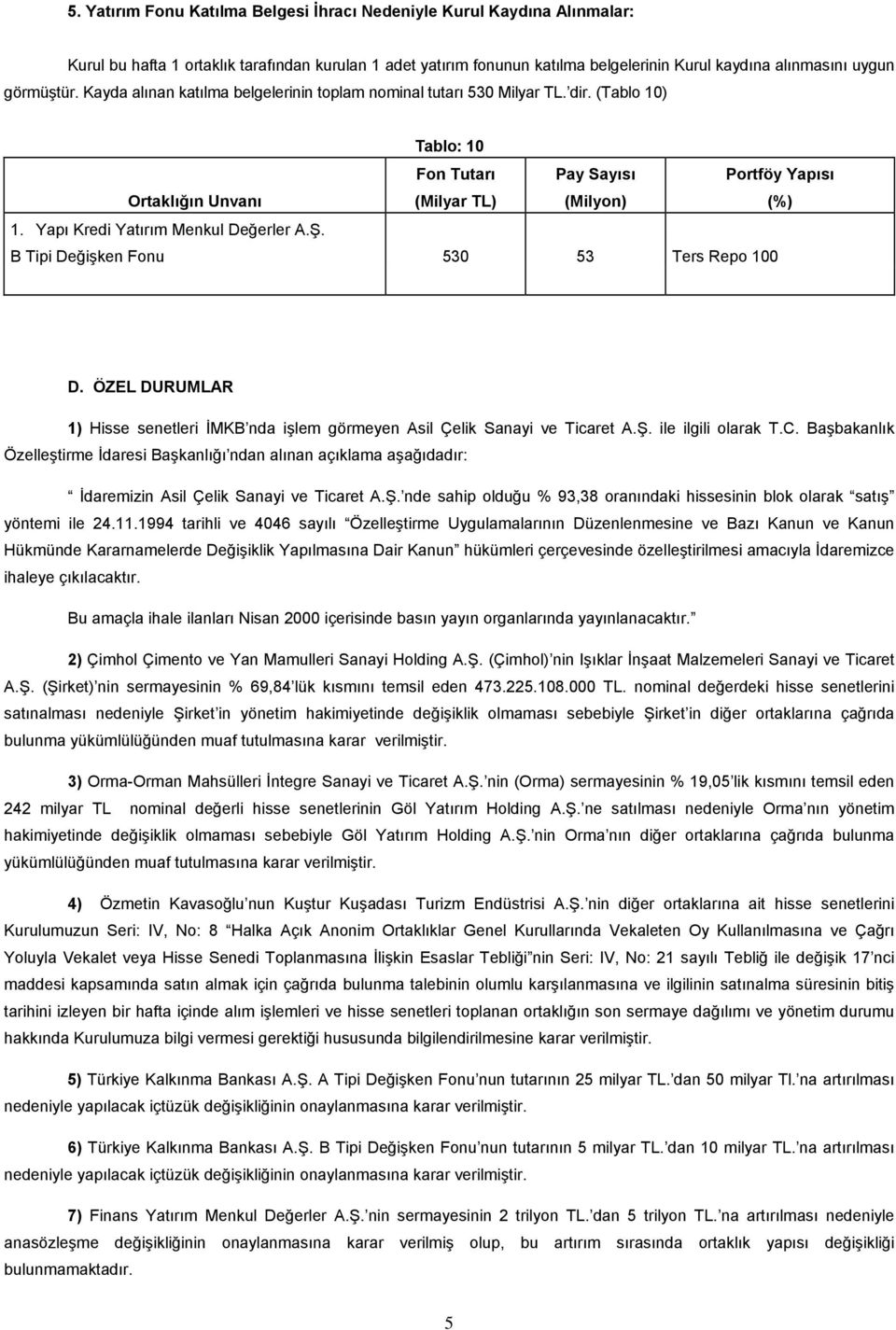 Yapı Kredi Yatırım Menkul Değerler A.Ş. B Tipi Değişken Fonu 530 53 Ters Repo 100 D. ÖZEL DURUMLAR 1) Hisse senetleri İMKB nda işlem görmeyen Asil Çelik Sanayi ve Ticaret A.Ş. ile ilgili olarak T.C.