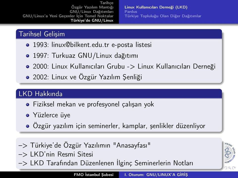 Özgür Yazılım Şenliği LKD Hakkında Fiziksel mekan ve profesyonel çalışan yok Yüzlerce üye Özgür yazılım için seminerler, kamplar,