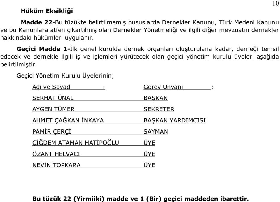 Geçici Madde 1-İlk genel kurulda dernek organları oluşturulana kadar, derneği temsil edecek ve dernekle ilgili iş ve işlemleri yürütecek olan geçici yönetim kurulu üyeleri aşağıda