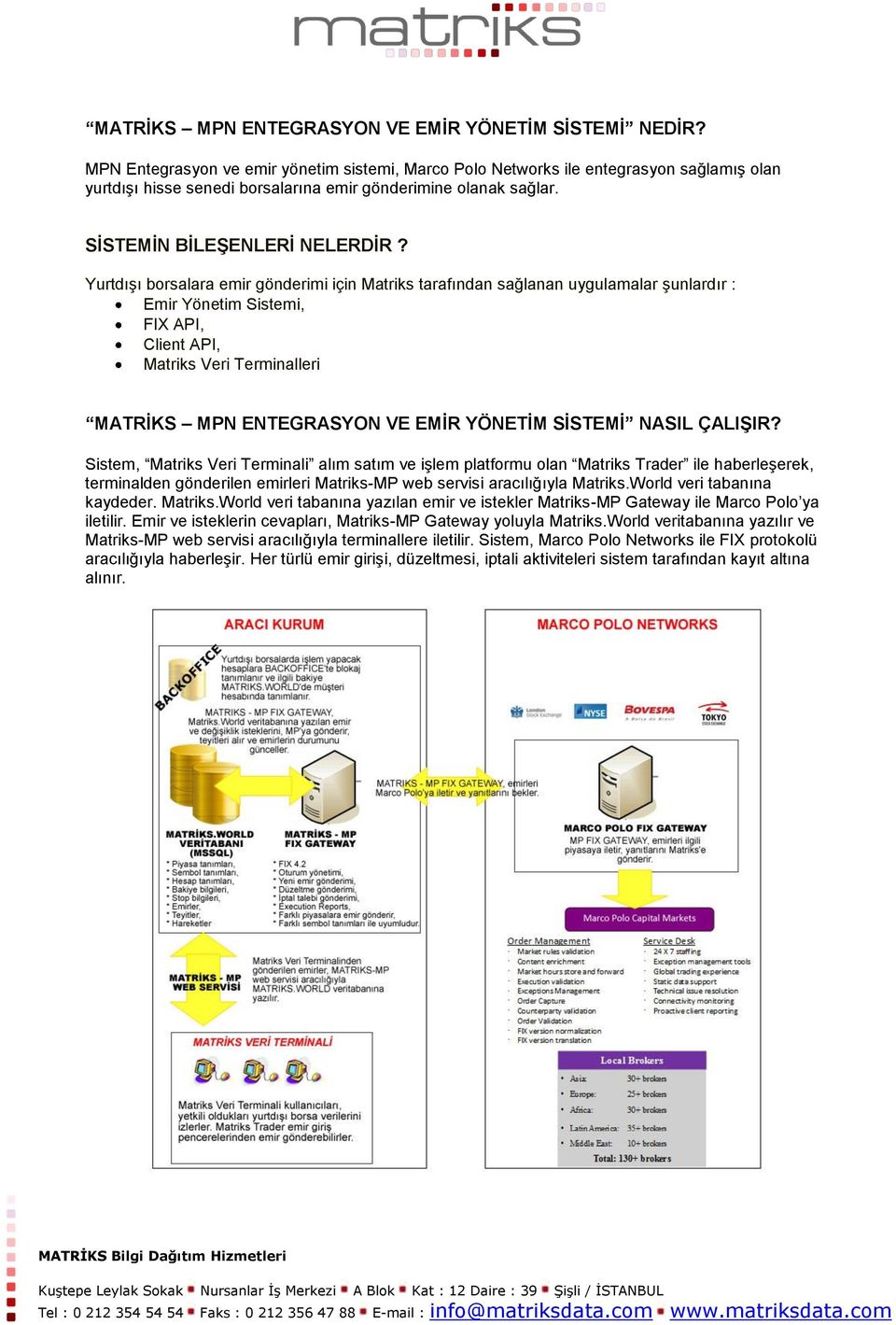 Yurtdışı borsalara emir gönderimi için Matriks tarafından sağlanan uygulamalar şunlardır : Emir Yönetim Sistemi, FIX API, Client API, Matriks Veri Terminalleri MATRİKS MPN ENTEGRASYON VE EMİR YÖNETİM