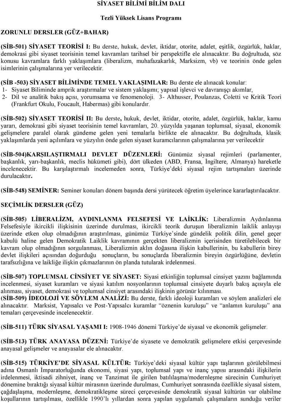 Bu doğrultuda, söz konusu kavramlara farklı yaklaşımlara (liberalizm, muhafazakarlık, Marksizm, vb) ve teorinin önde gelen isimlerinin çalışmalarına yer verilecektir.