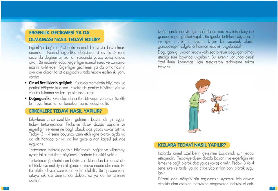 Ergenli in gecikmesi ya da olmamas n n ayr ayr olarak fakat afla daki s rada tedavi edilen iki yönü vard r: Cinsel özelliklerin geliflimi: K zlarda memelerin büyümesi ve genital bölgede k llanma.