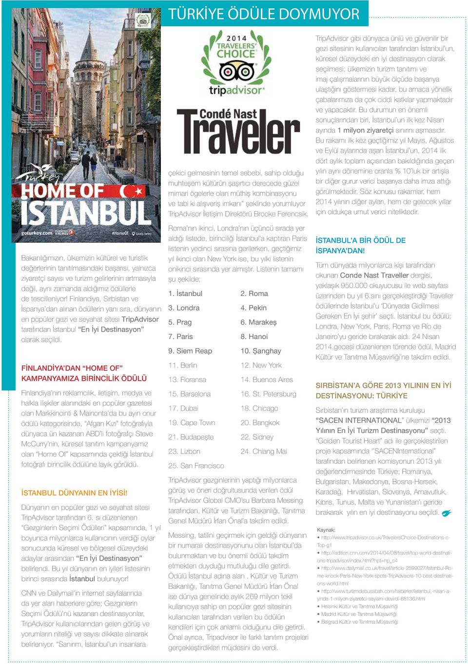 Finlandiya, Sırbistan ve İspanya dan alınan ödüllerin yanı sıra, dünyanın en popüler gezi ve seyahat sitesi TripAdvisor tarafından İstanbul En İyi Destinasyon olarak seçildi.