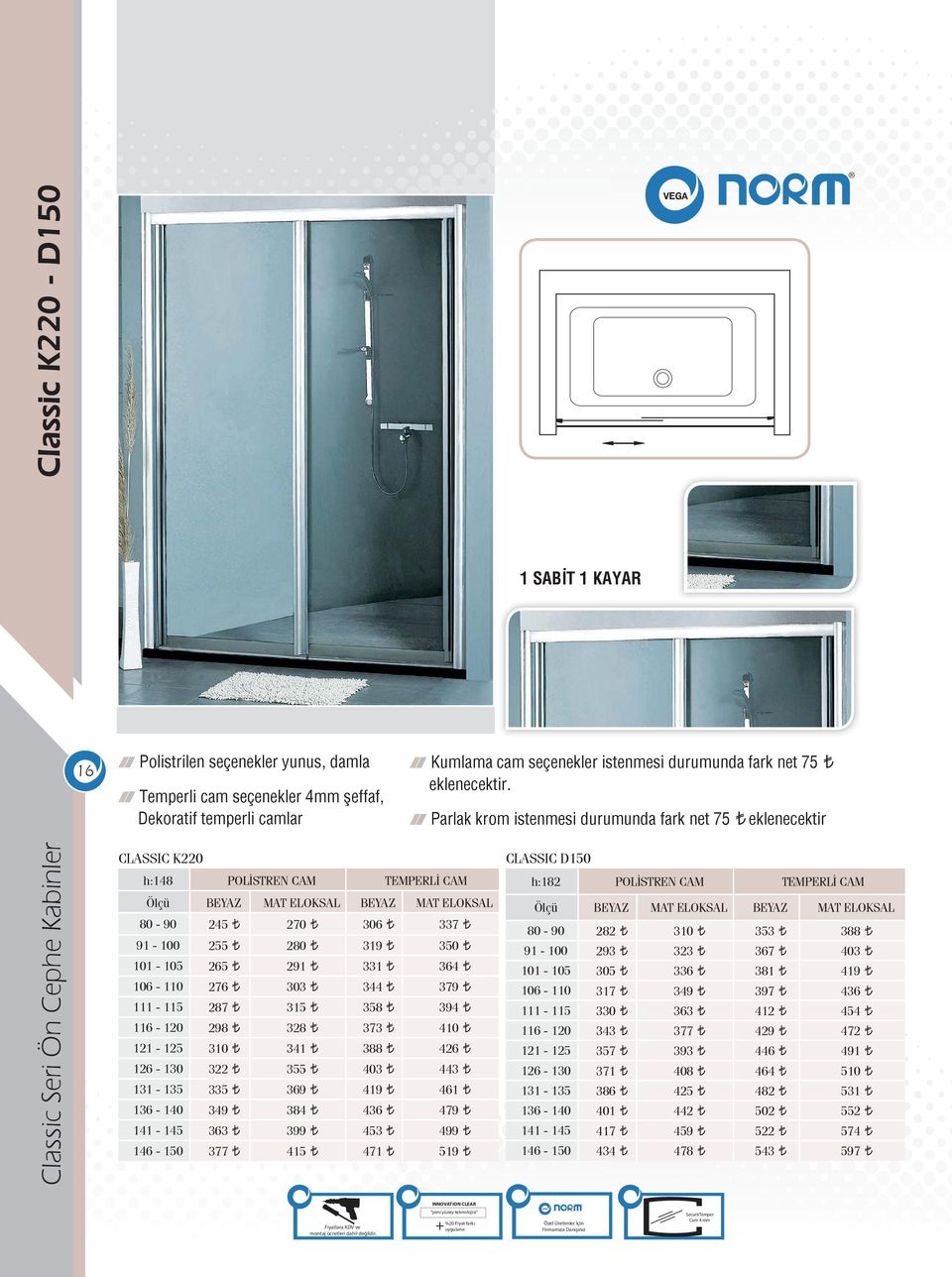 Parlak krom istenmesi durumunda fark net 75 eklenecektir Classic Seri Ön Cephe Kabinler CLASSIC K220 h:148 POL STREN CAM TEMPERL CAM Ölçü BEYAZ MAT ELOKSAL BEYAZ MAT ELOKSAL 80-90 245 270 306 337