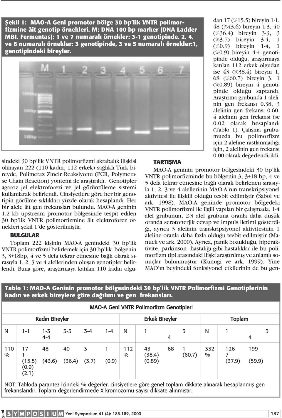 sindeki 30 lik VNTR polimorfizmi akrabal k iliflkisi olmayan 222 (110 kad n, 112 erkek) sa l kl Türk bireyde, Polimeraz Zincir Reaksiyonu (PCR, Polymerase Chain Reaction) yöntemi ile araflt r ld.