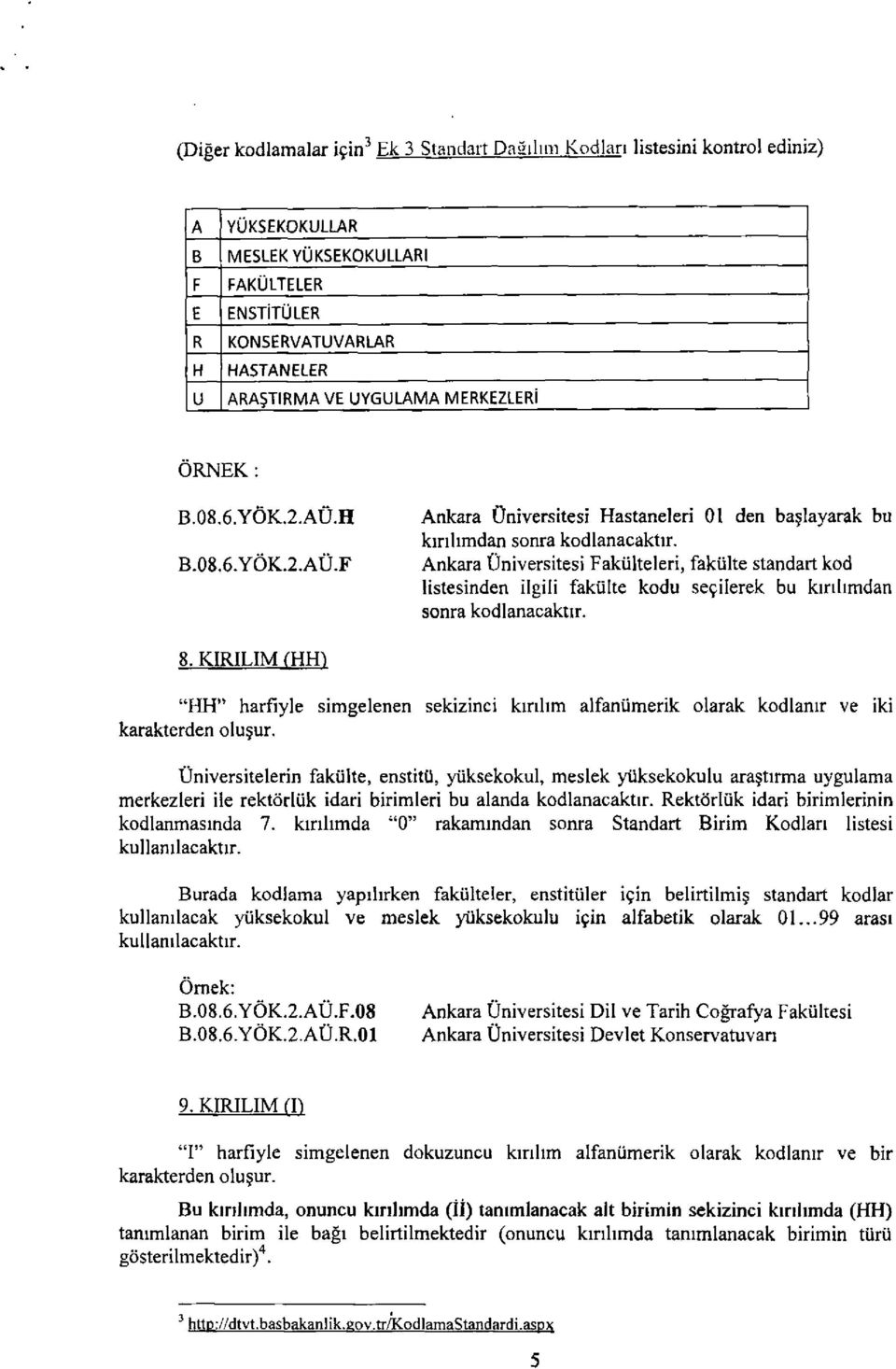 Ankara Üniversitesi Fakülteleri, fakülte standart kod üstesinden ilgili fakülte kodu seçilerek bu kınlımdan sonra kodlanacaktır. 8. KİRİLİM (HEP "HH" harfiyle karakterden oluşur.