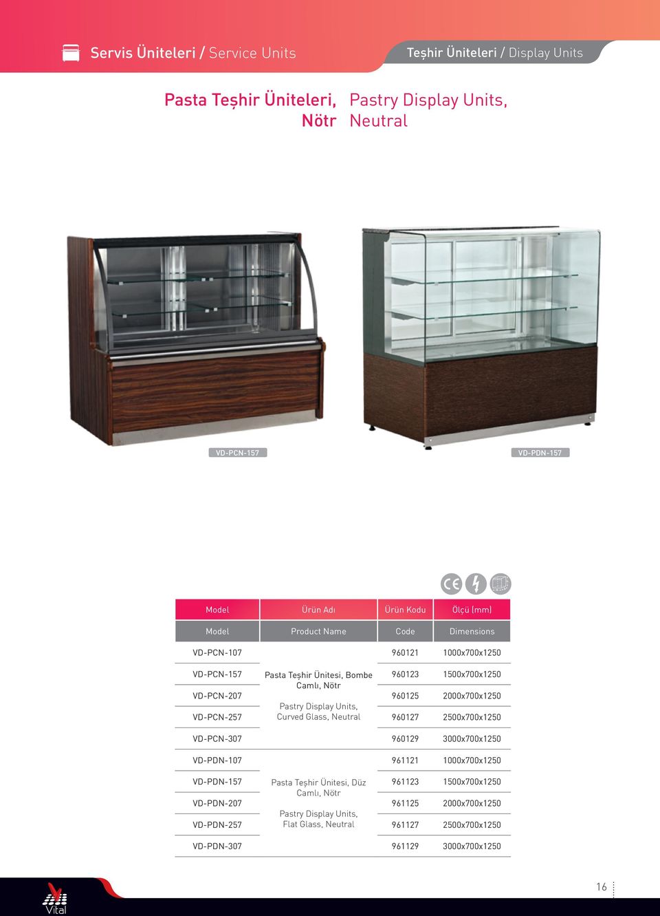 VD-PCN-257 Pastry Display Units, Curved Glass, Neutral 960127 2500x700x1250 VD-PCN-307 960129 3000x700x1250 VD-PDN-107 961121 1000x700x1250 VD-PDN-157 VD-PDN-207 Pasta