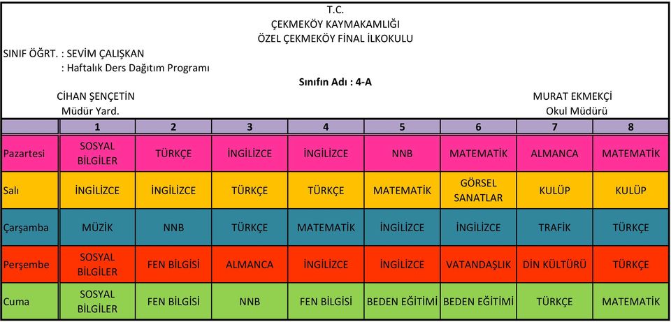 MATEMATİK Salı TÜRKÇE TÜRKÇE MATEMATİK KULÜP KULÜP Çarşamba MÜZİK NNB TÜRKÇE