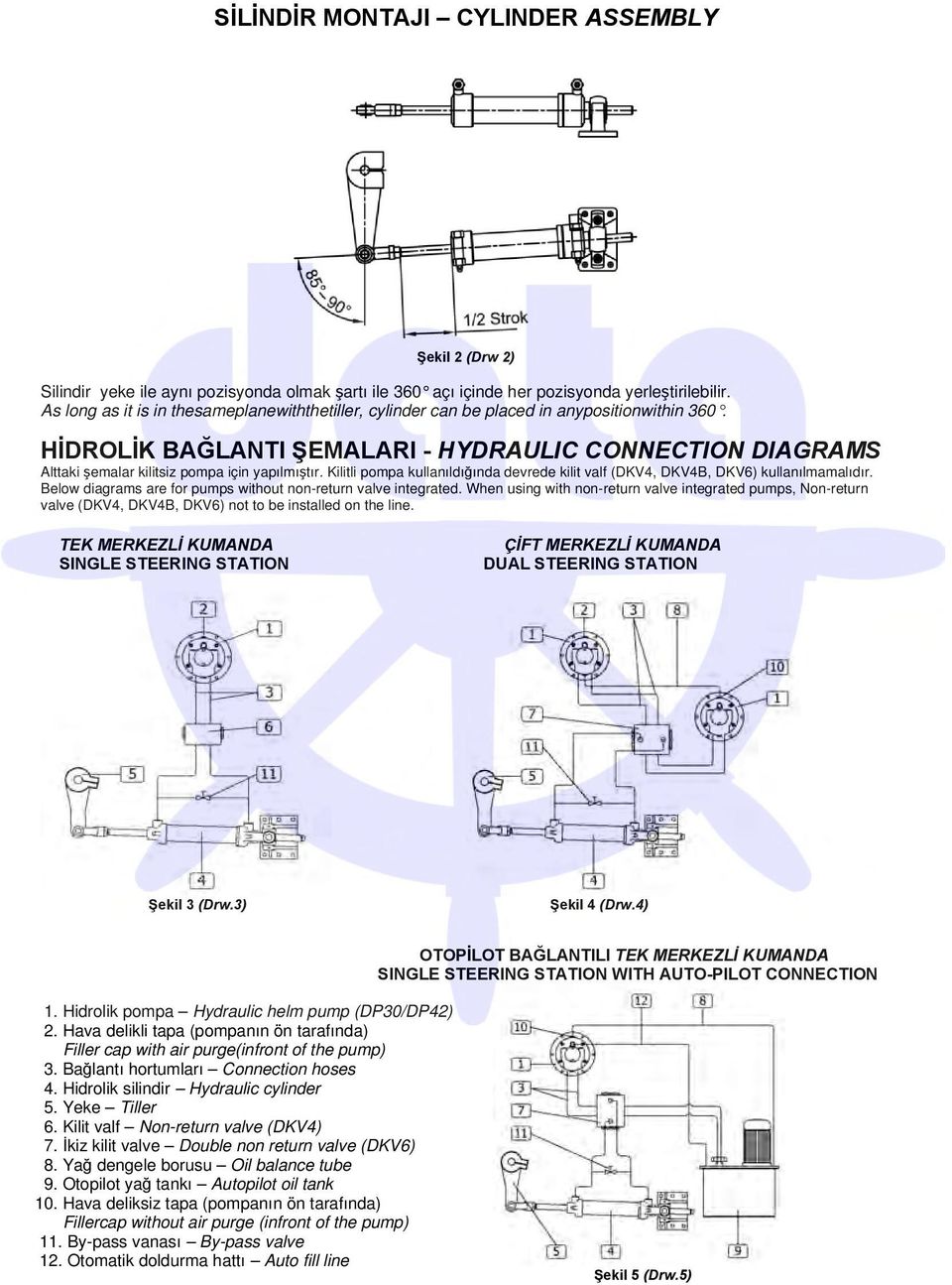 Kilitli pompa kullanıldıında devrede kilit valf (DKV4, DKV4B, DKV6) kullanılmamalıdır. Below diagrams are for pumps without non-return valve integrated.