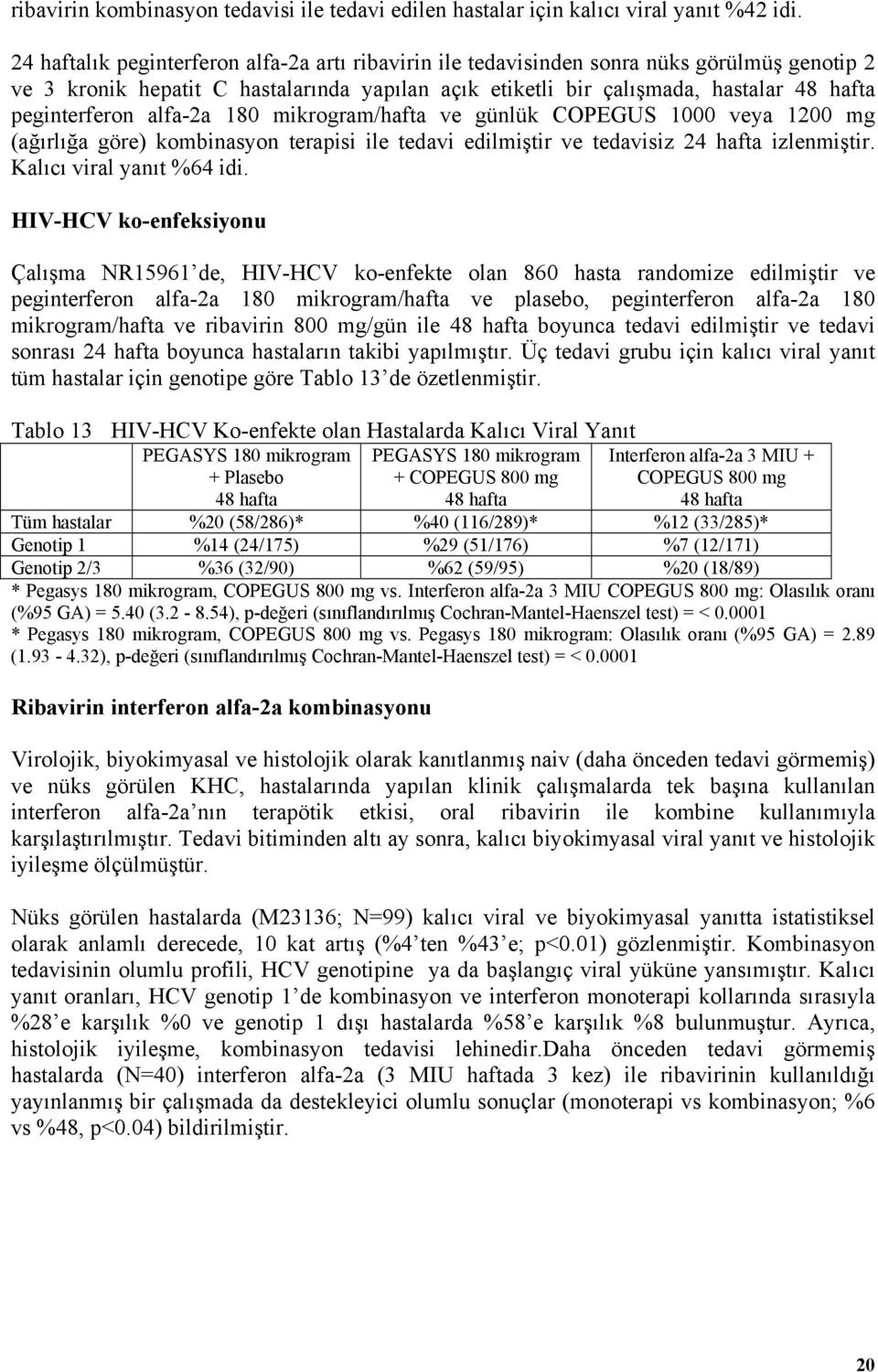 alfa-2a 180 mikrogram/hafta ve günlük COPEGUS 1000 veya 1200 mg (ağırlığa göre) kombinasyon terapisi ile tedavi edilmiştir ve tedavisiz 24 hafta izlenmiştir. Kalıcı viral yanıt %64 idi.