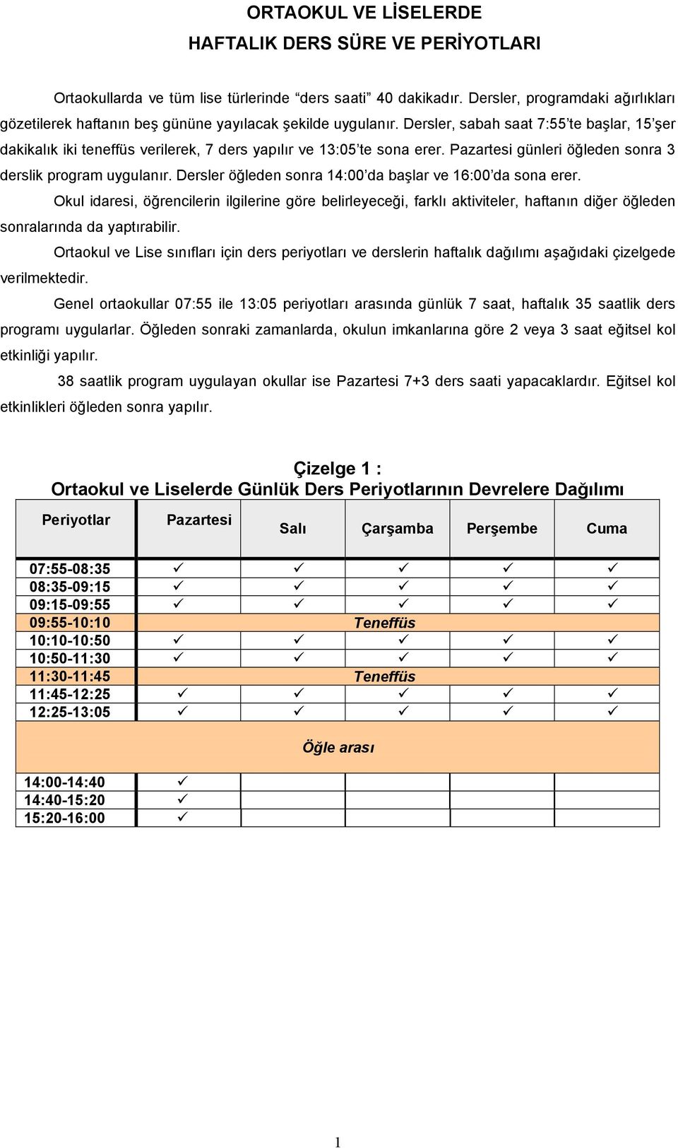 Dersler, sabah saat 7:55 te başlar, 15 şer dakikalık iki teneffüs verilerek, 7 ders yapılır ve 13:05 te sona erer. Pazartesi günleri öğleden sonra 3 derslik program uygulanır.