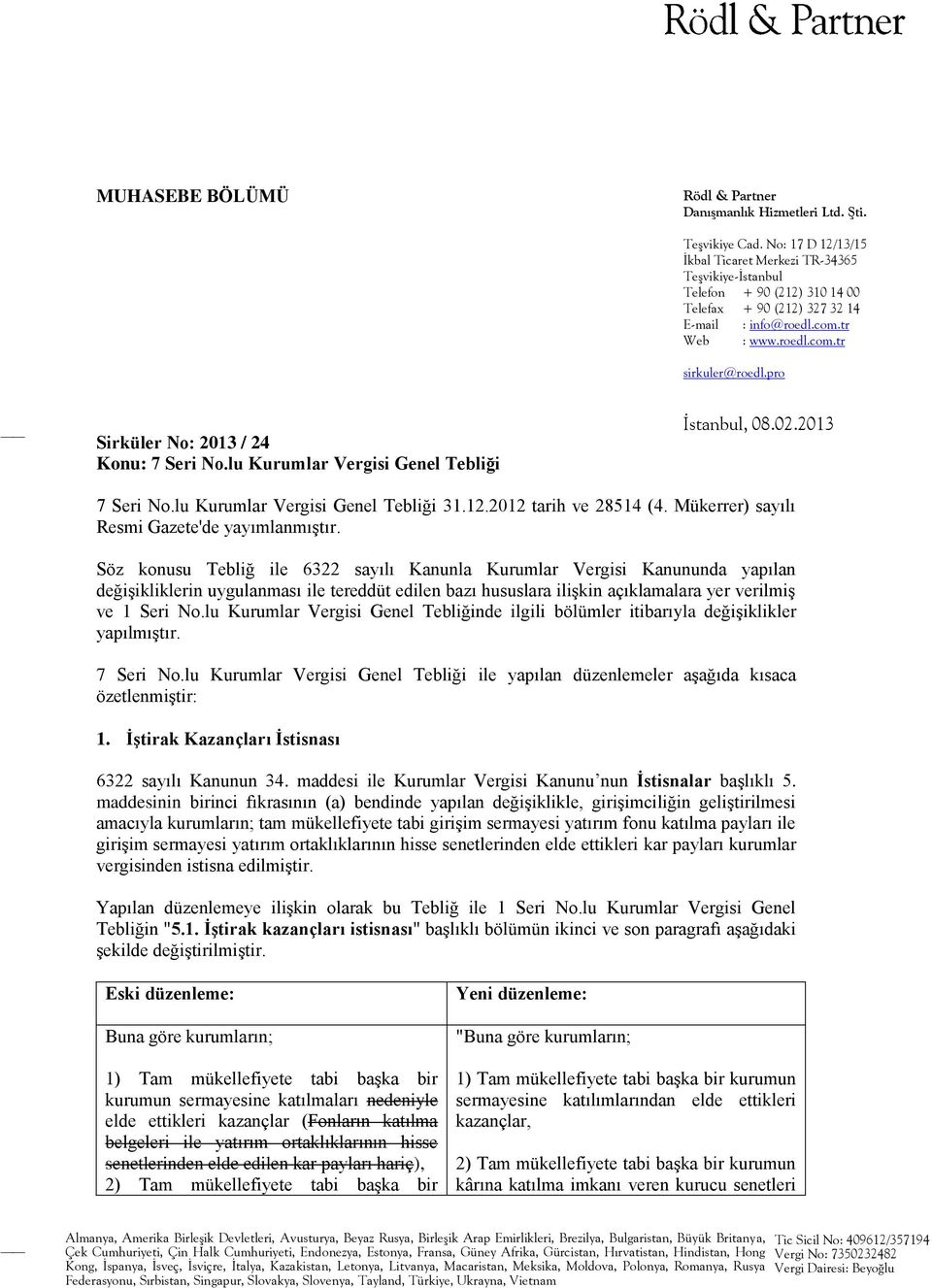 pro Sirküler No: 2013 / 24 Konu: 7 Seri No.lu Kurumlar Vergisi Genel Tebliği İstanbul, 08.02.2013 7 Seri No.lu Kurumlar Vergisi Genel Tebliği 31.12.2012 tarih ve 28514 (4.