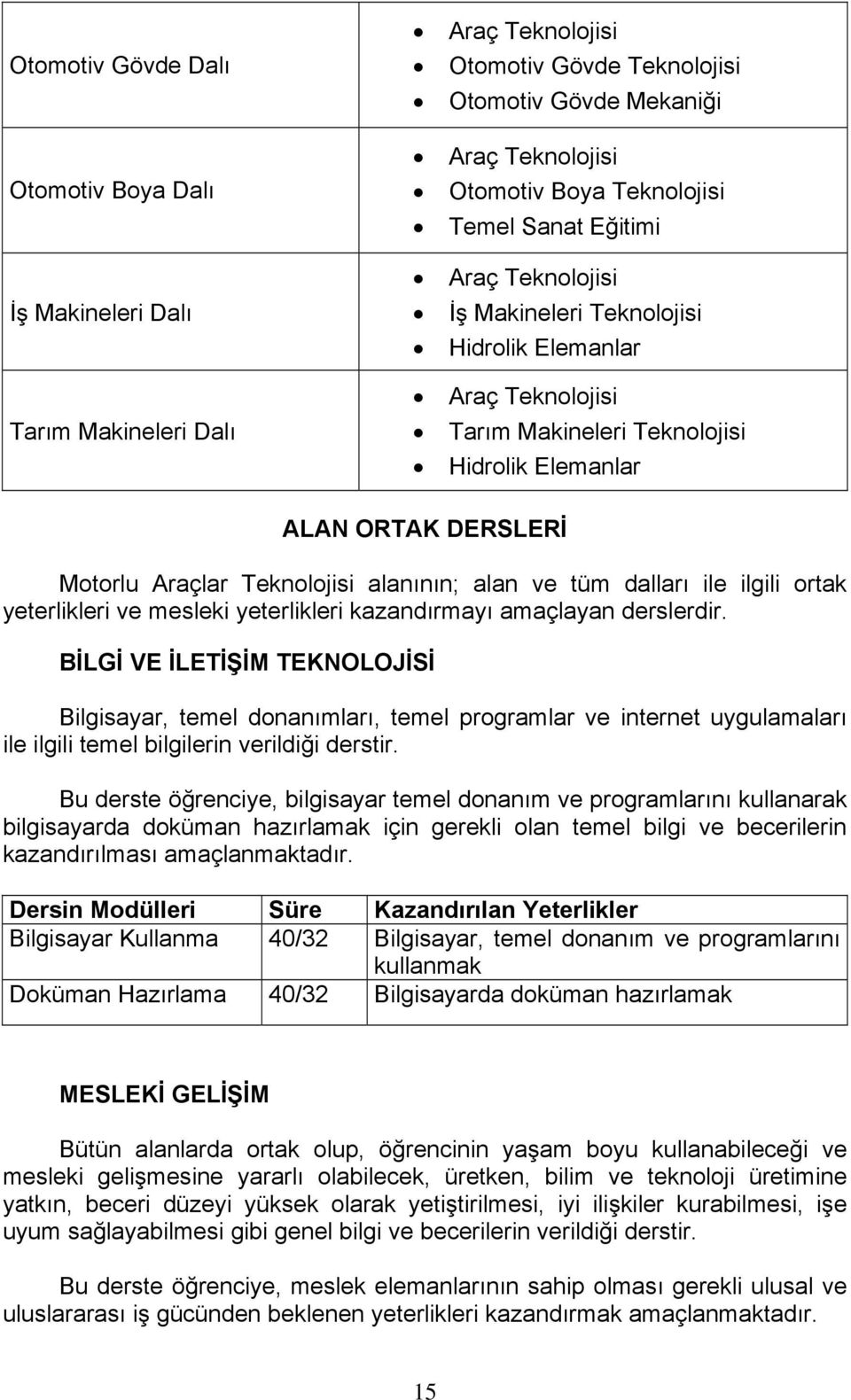 alan ve tüm dalları ile ilgili ortak yeterlikleri ve mesleki yeterlikleri kazandırmayı amaçlayan derslerdir.