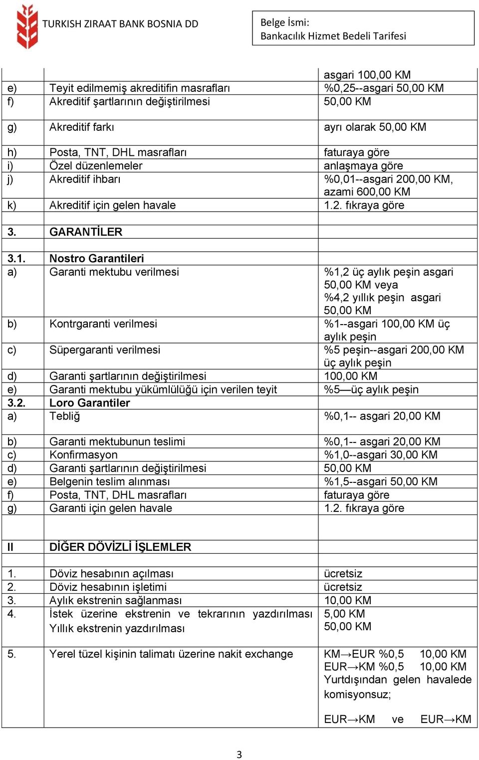 -asgari 200,00 KM, azami 600,00 KM k) Akreditif için gelen havale 1.