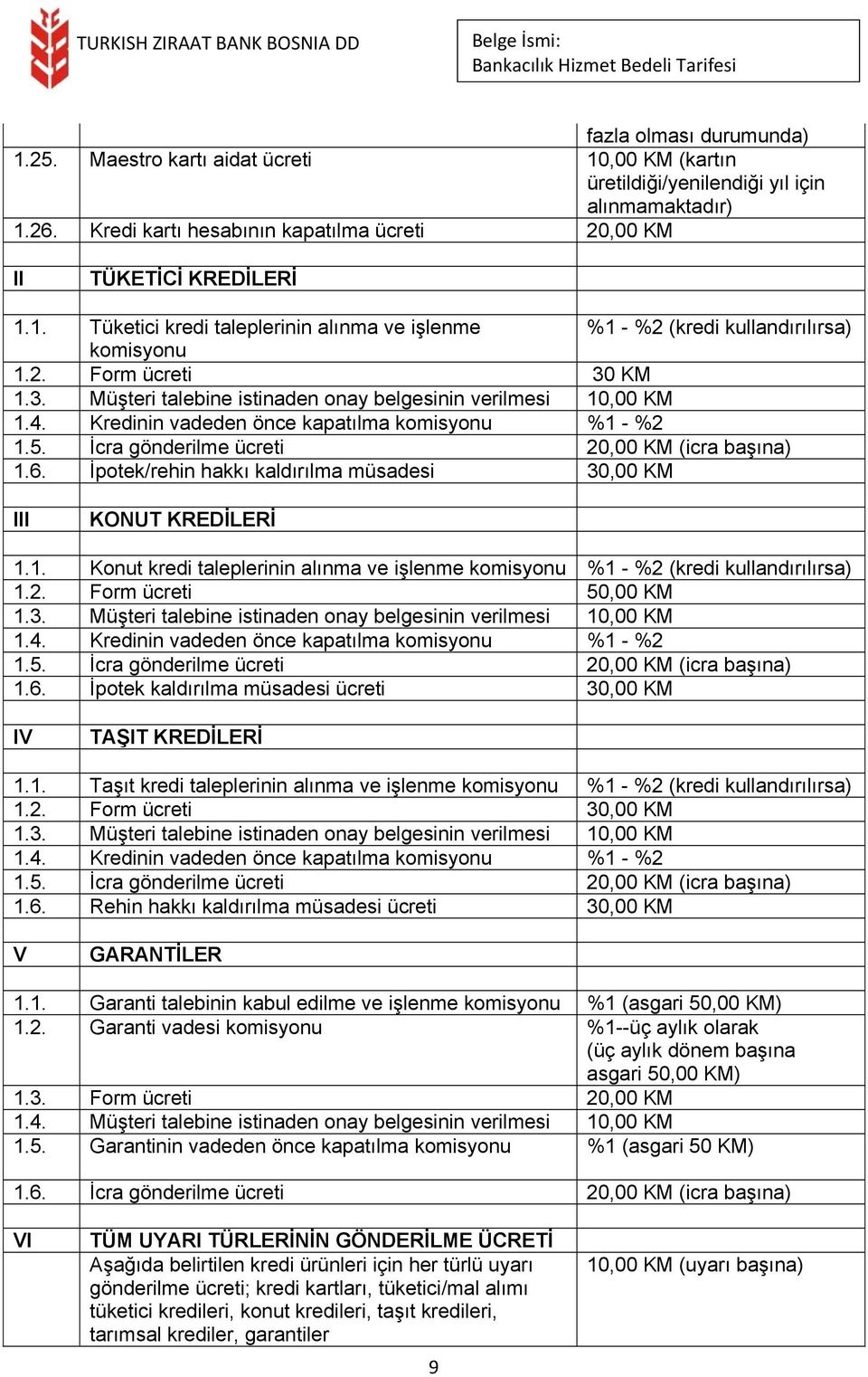 Kredinin vadeden önce kapatılma komisyonu %1 - %2 1.5. İcra gönderilme ücreti 20,00 KM (icra başına) 1.6. İpotek/rehin hakkı kaldırılma müsadesi 30,00 KM III KONUT KREDİLERİ 1.1. Konut kredi taleplerinin alınma ve işlenme komisyonu %1 - %2 (kredi kullandırılırsa) 1.