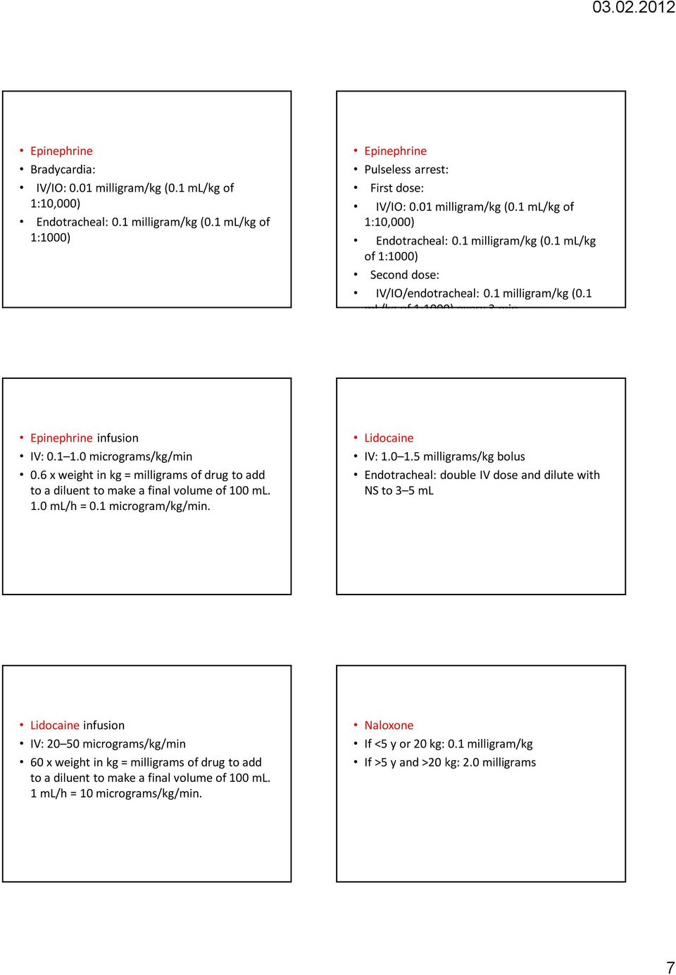 1 microgram/kg/min. Lidocaine IV: 1.0 1.