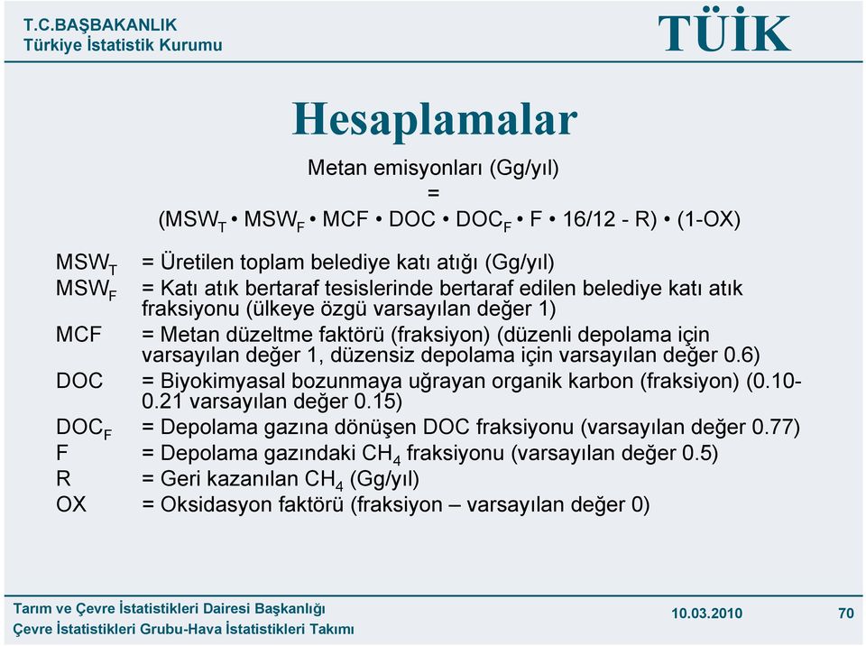 depolama için varsayılan değer 0.6) DOC = Biyokimyasal bozunmaya uğrayan organik karbon (fraksiyon) (0.10-0.21 varsayılan değer 0.