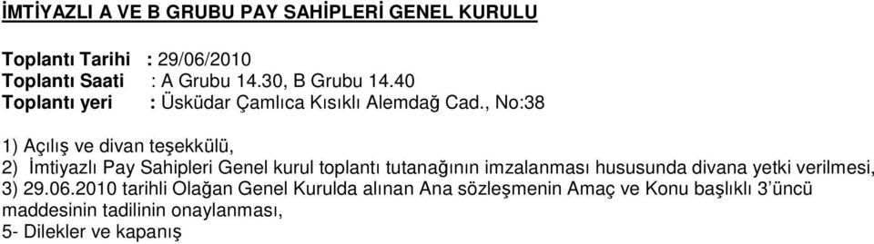 , No:38 1) Açılış ve divan teşekkülü, 2) İmtiyazlı Pay Sahipleri Genel kurul toplantı tutanağının imzalanması