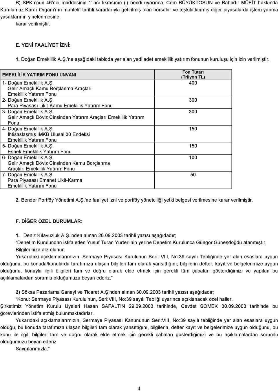 ne aşağõdaki tabloda yer alan yedi adet emeklilik yatõrõm fonunun kuruluşu için izin verilmiştir. EMEKLİLİK YATIRIM FONU UNVANI 1- Doğan Emeklilik A.Ş.