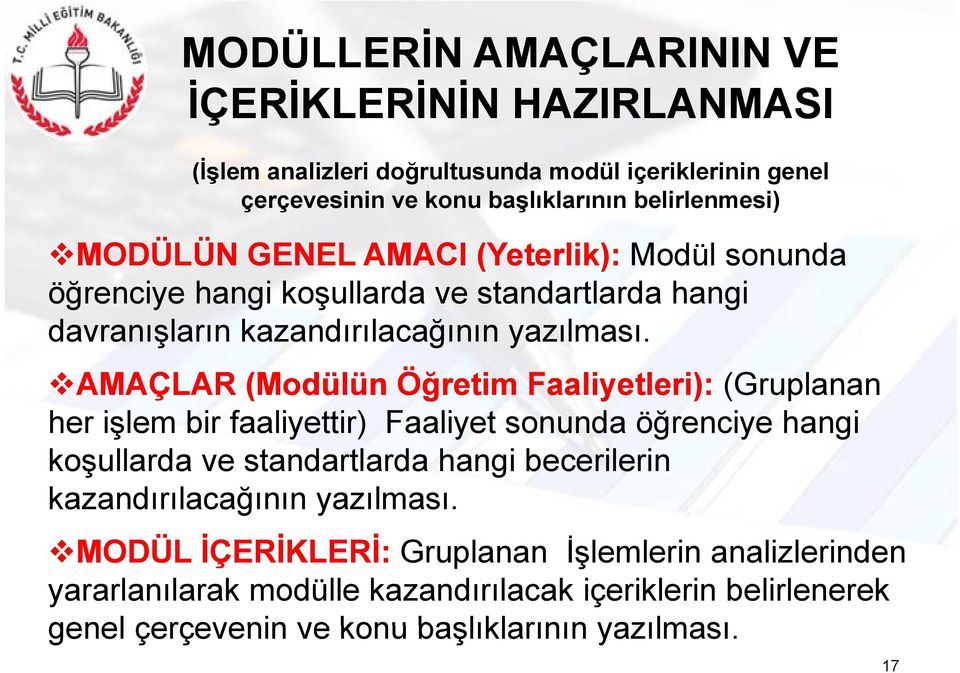 AMAÇLAR (Modülün Öğretim Faaliyetleri): (Gruplanan her işlem bir faaliyettir) Faaliyet sonunda öğrenciye hangi koşullarda ve standartlarda hangi becerilerin