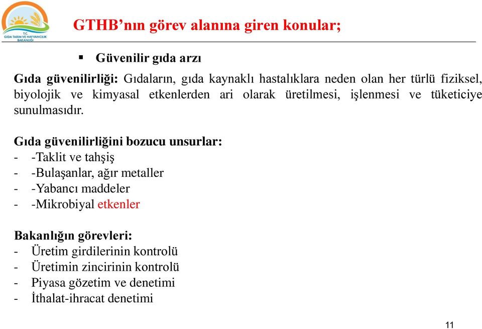 Gıda güvenilirliğini bozucu unsurlar: - -Taklit ve tahşiş - -Bulaşanlar, ağır metaller - -Yabancı maddeler - -Mikrobiyal