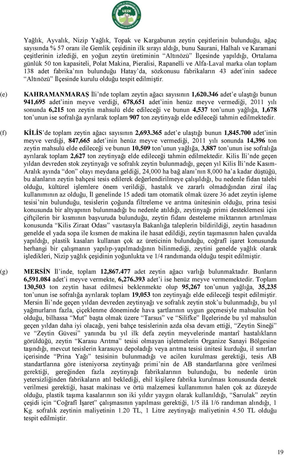 Hatay da, sözkonusu fabrikaların 43 adet inin sadece Altınözü İlçesinde kurulu olduğu tespit edilmiştir. (e) (f) (g) KAHRAMANMARAġ İli nde toplam zeytin ağacı sayısının 1,620.