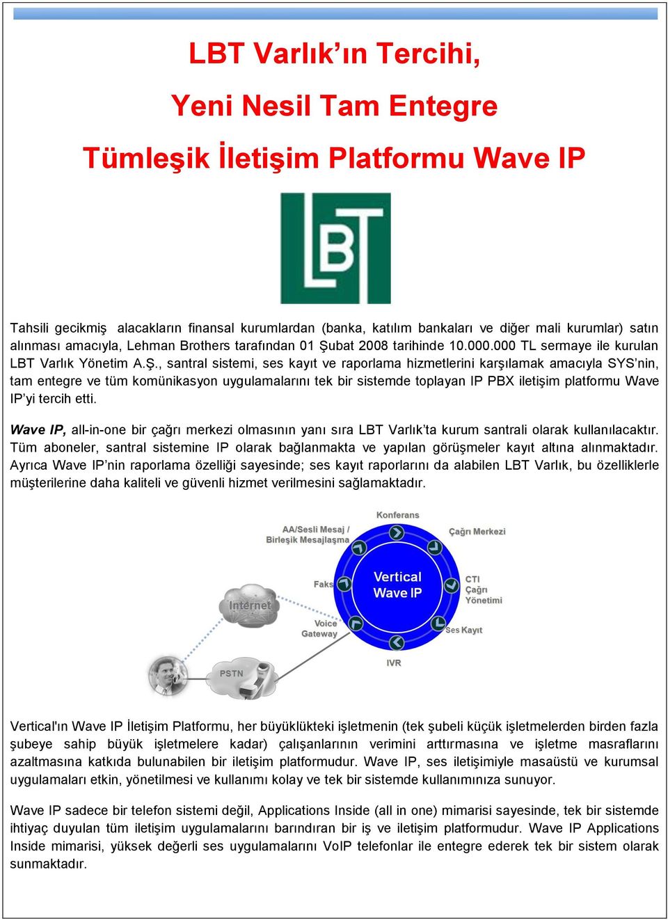 bat 2008 tarihinde 10.000.000 TL sermaye ile kurulan LBT Varlık Yönetim A.ġ.