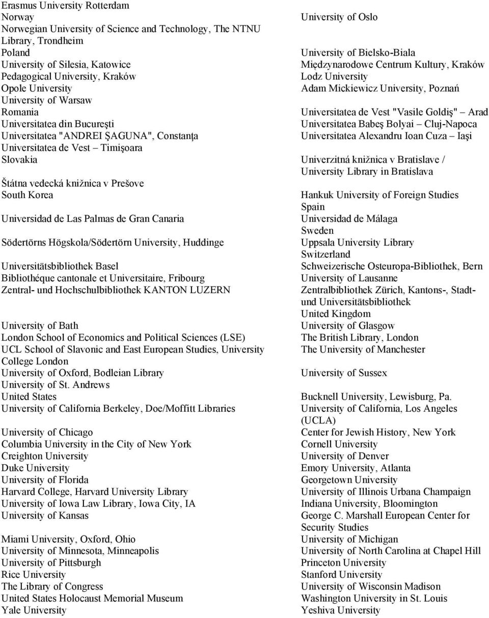 University Library in Bratislava Štátna vedecká knižnica v Prešove South Korea Universidad de Las Palmas de Gran Canaria Södertörns Högskola/Södertörn University, Huddinge Universitätsbibliothek