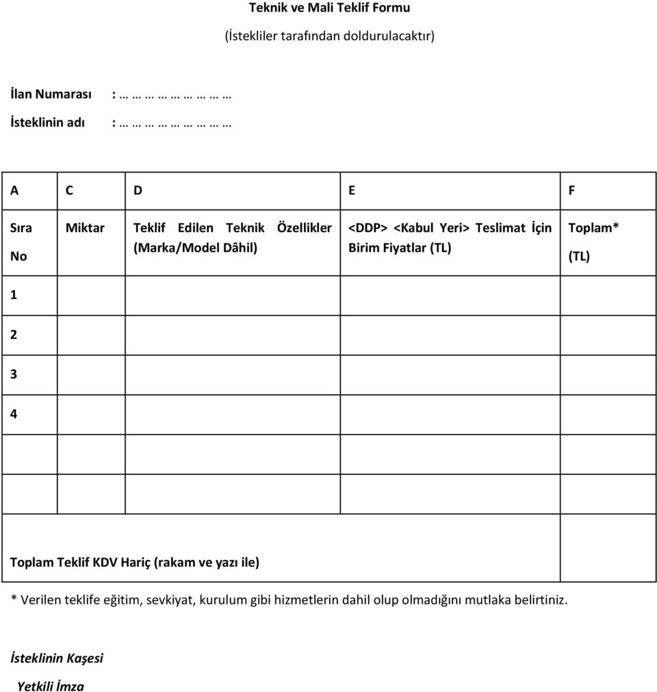 Birim Fiyatlar (TL) Toplam* (TL) 2 3 4 Toplam Teklif KDV Hariç (rakam ve yazı ile) * Verilen teklife