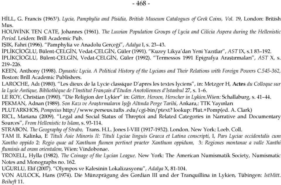 İPLİKÇİOĞLU, Bülent-ÇELGİN, Vedat-ÇELGİN, Güler (1991). Kuzey Likya dan Yeni Yazıtlar, AST IX, s.1 83 192. İPLİKÇİOĞLU, Bülent-ÇELGİN, Vedat-ÇELGİN, Güler (1992).