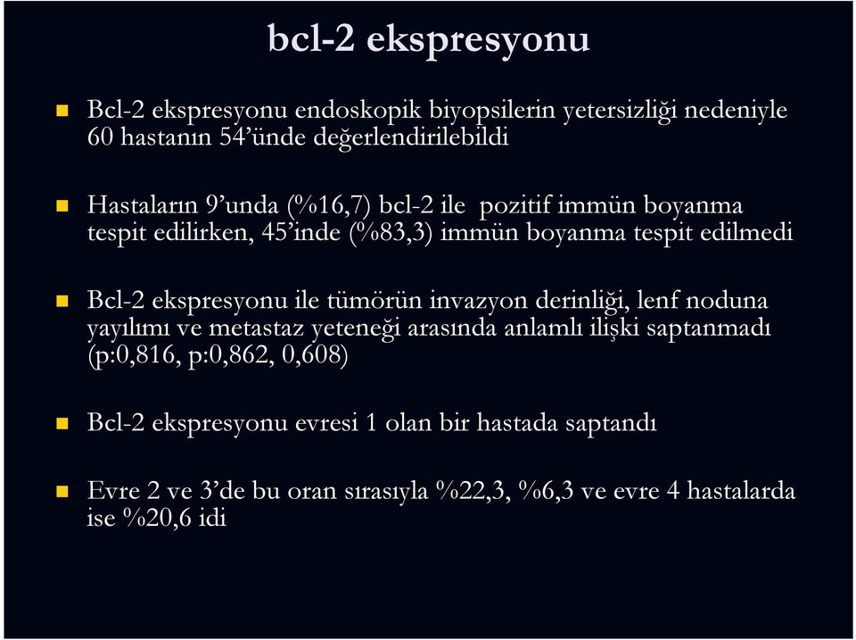 ekspresyonu ile tümörün invazyon derinliği, lenf noduna yayılımı ve metastaz yeteneği arasında anlamlı ilişki saptanmadı (p:0,816,