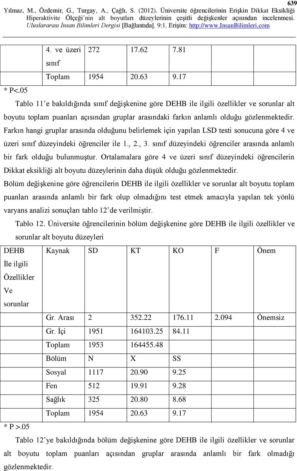 Farkın hangi gruplar arasında olduğunu belirlemek için yapılan LSD testi sonucuna göre 4 ve üzeri sınıf düzeyindeki öğrenciler ile 1., 2., 3.