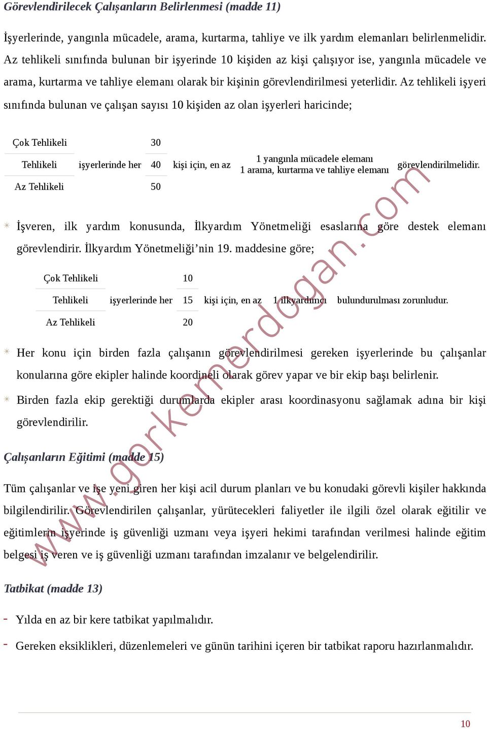 Az tehlikeli işyeri sınıfında bulunan ve çalışan sayısı 10 kişiden az olan işyerleri haricinde; Çok Tehlikeli 30 Tehlikeli işyerlerinde her 40 kişi için, en az Az Tehlikeli 50 1 yangınla mücadele