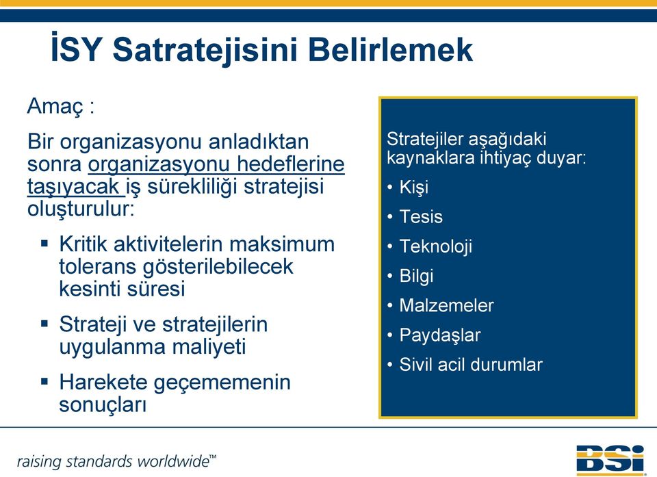 gösterilebilecek kesinti süresi Strateji ve stratejilerin uygulanma maliyeti Harekete geçememenin