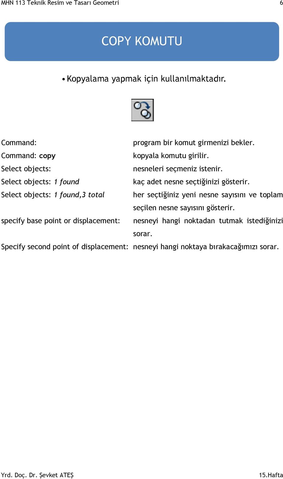 Command: program bir komut girmenizi bekler. Command: copy kopyala komutu girilir. Select objects: nesneleri seçmeniz istenir. Select objects: 1 found kaç adet nesne seçtiğinizi gösterir.