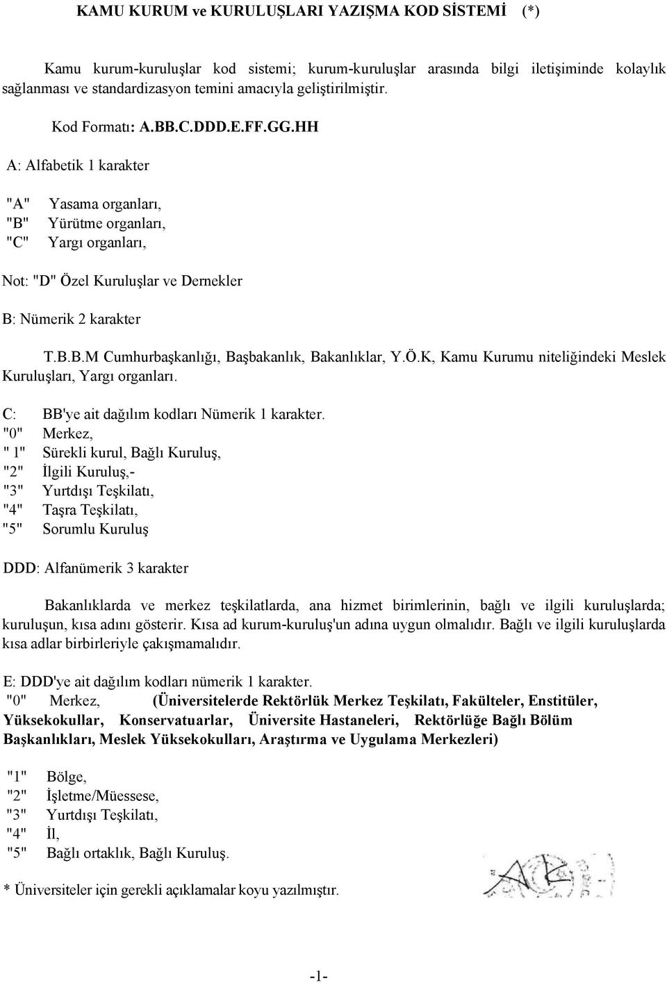 HH A: Alfabetik 1 karakter "A" "B" "C" Yasama organları, Yürütme organları, Yargı organları, Not: "D" Özel Kuruluşlar ve Dernekler B: Nümerik 2 karakter T.B.B.M Cumhurbaşkanlığı, Başbakanlık, Bakanlıklar, Y.