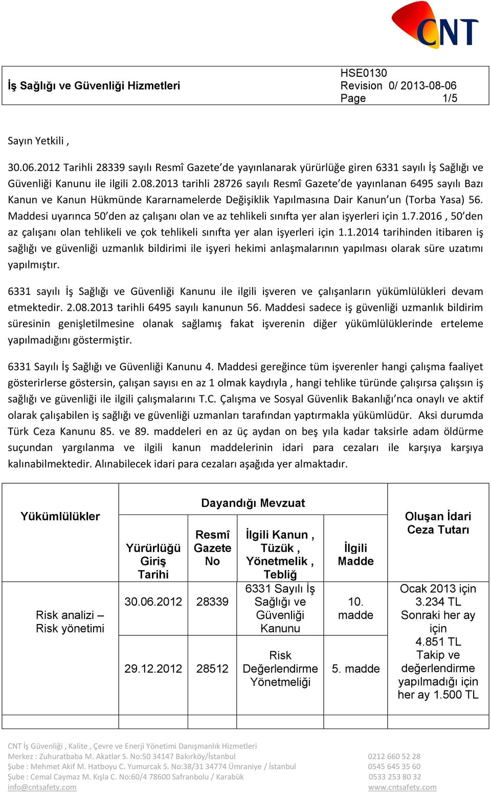 Maddesi uyarınca 50 den az çalışanı olan ve az tehlikeli sınıfta yer alan işyerleri için 1.